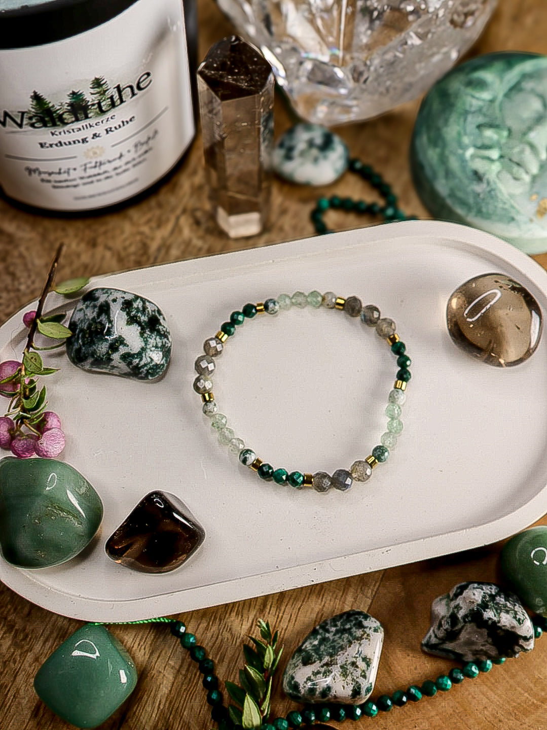 Armband „Erdung“ mit Baumachat, Aventurin, Rauchquarz & Malachit