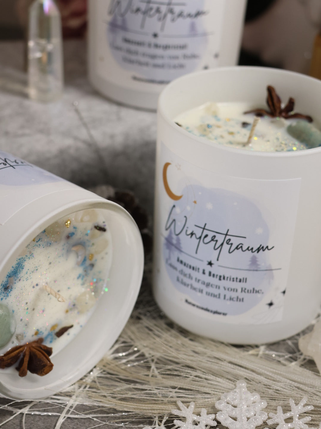 „Wintertraum“ Kristallkerze mit Amazonit und Bergkristall