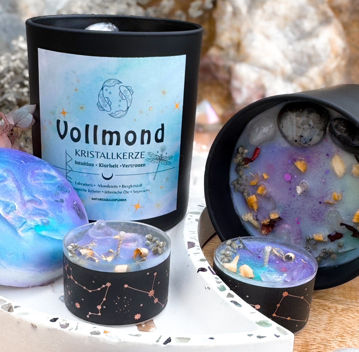Vollmondkerze mit Kristallen Intuition•Klarheit•Vertrauen
