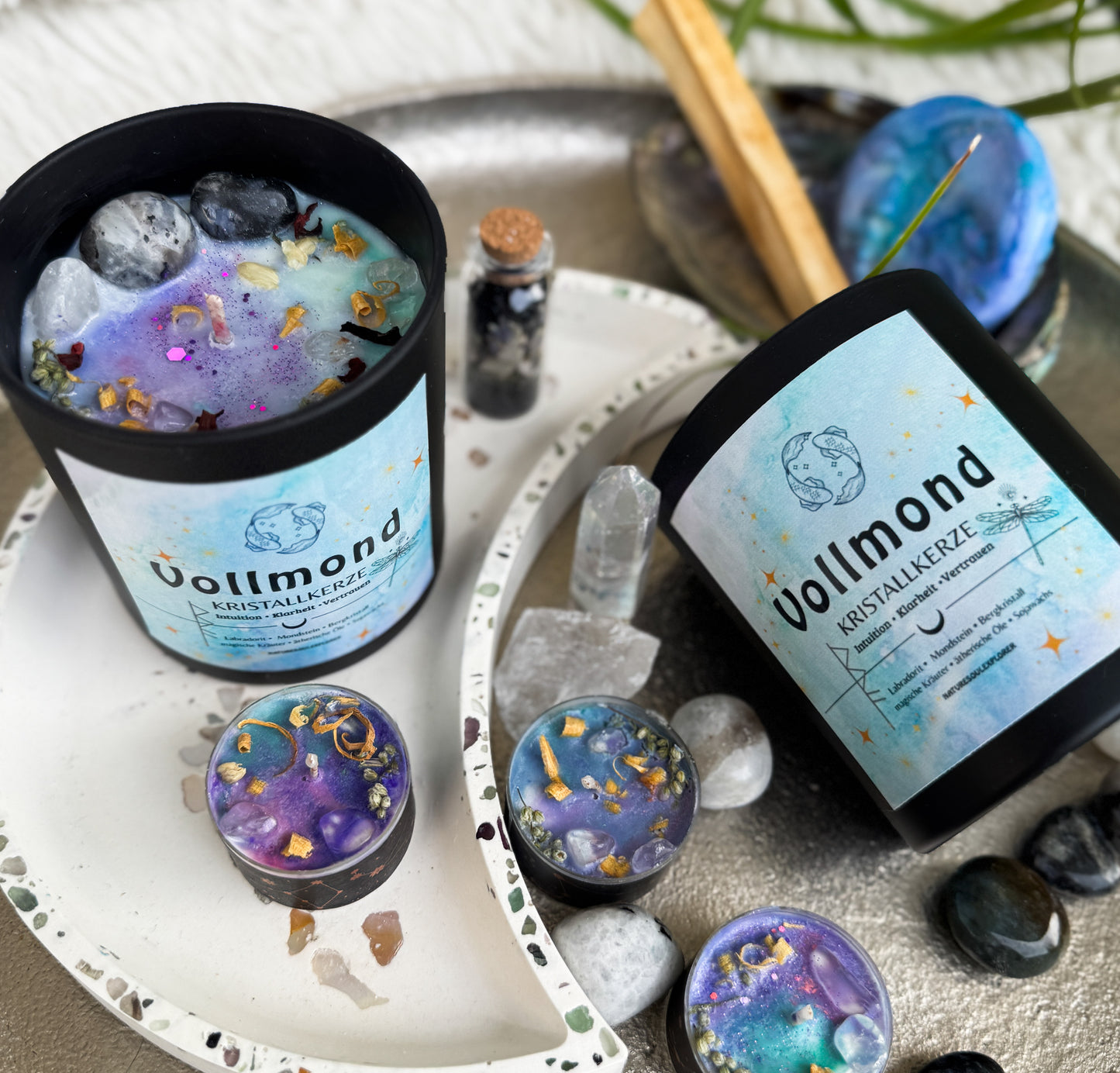 Vollmondkerze mit Kristallen Intuition•Klarheit•Vertrauen