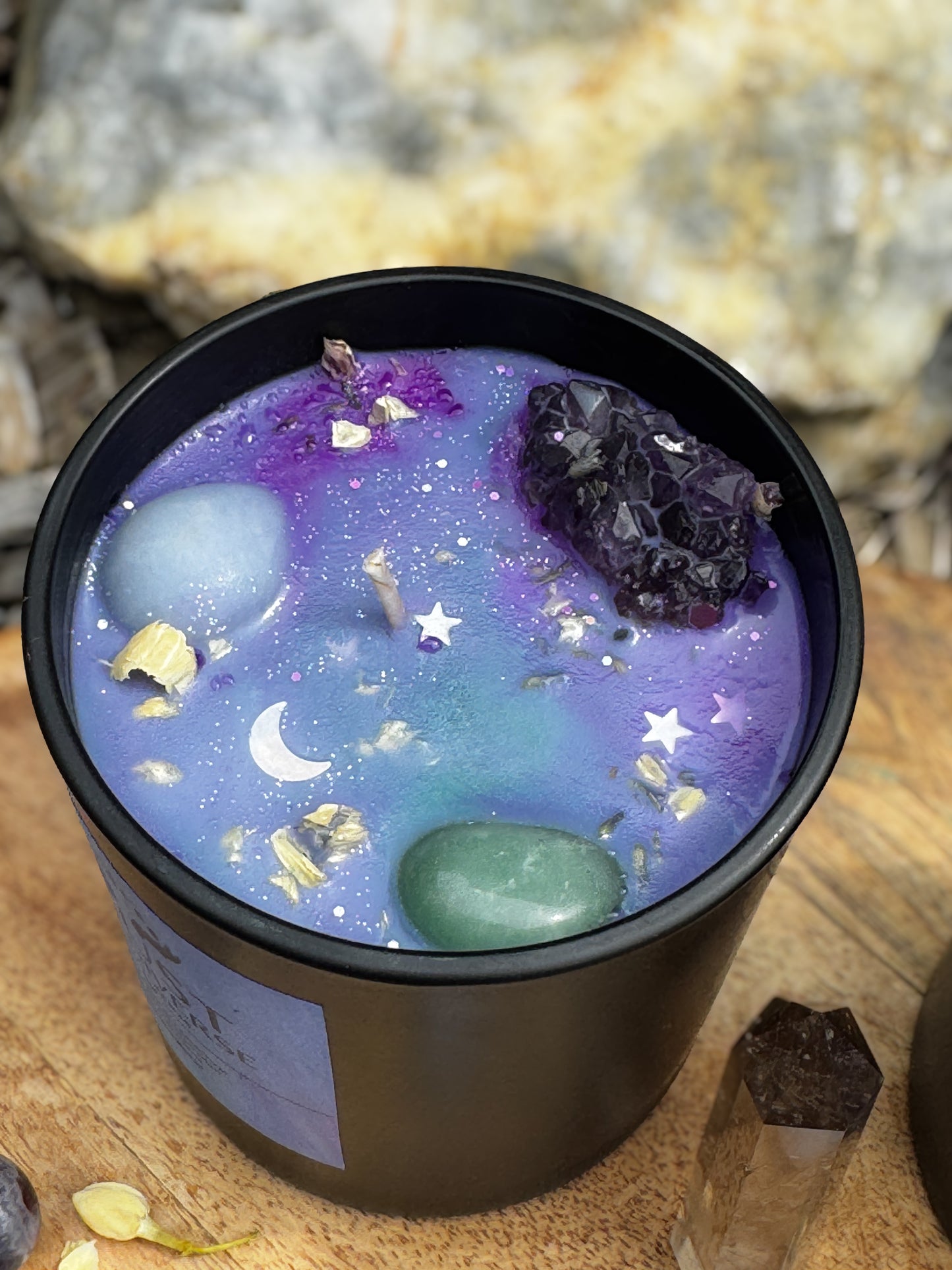 „Trust the Universe „ Kristallkerze mit Amethyst, Larminar, Aventurin