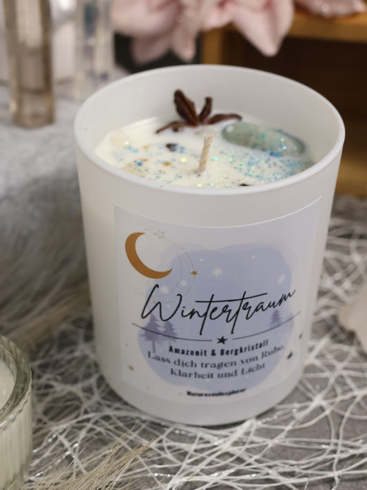 „Wintertraum“ Kristallkerze mit Amazonit und Bergkristall
