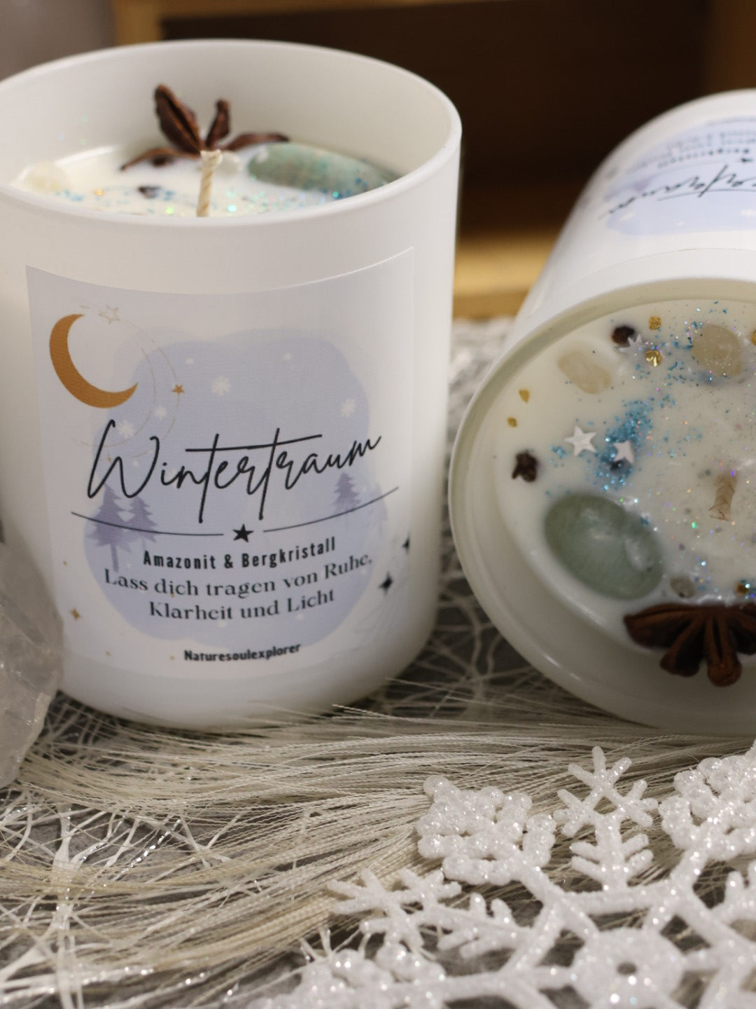 „Wintertraum“ Kristallkerze mit Amazonit und Bergkristall