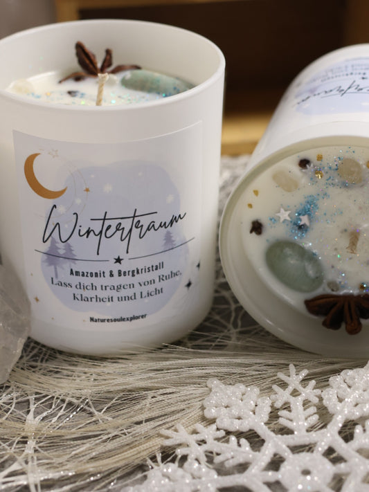 „Wintertraum“ Kristallkerze mit Amazonit und Bergkristall