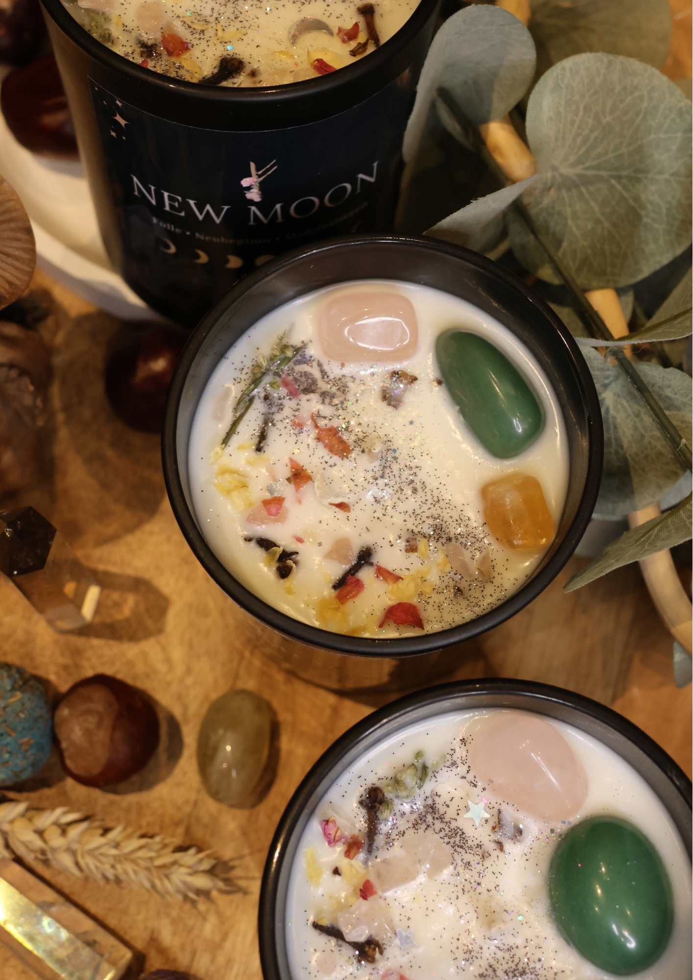 NEUMOND Kristallkerze mit Rosenquarz, Citrin & Aventurin für Fülle, Neubeginn und Manifestation