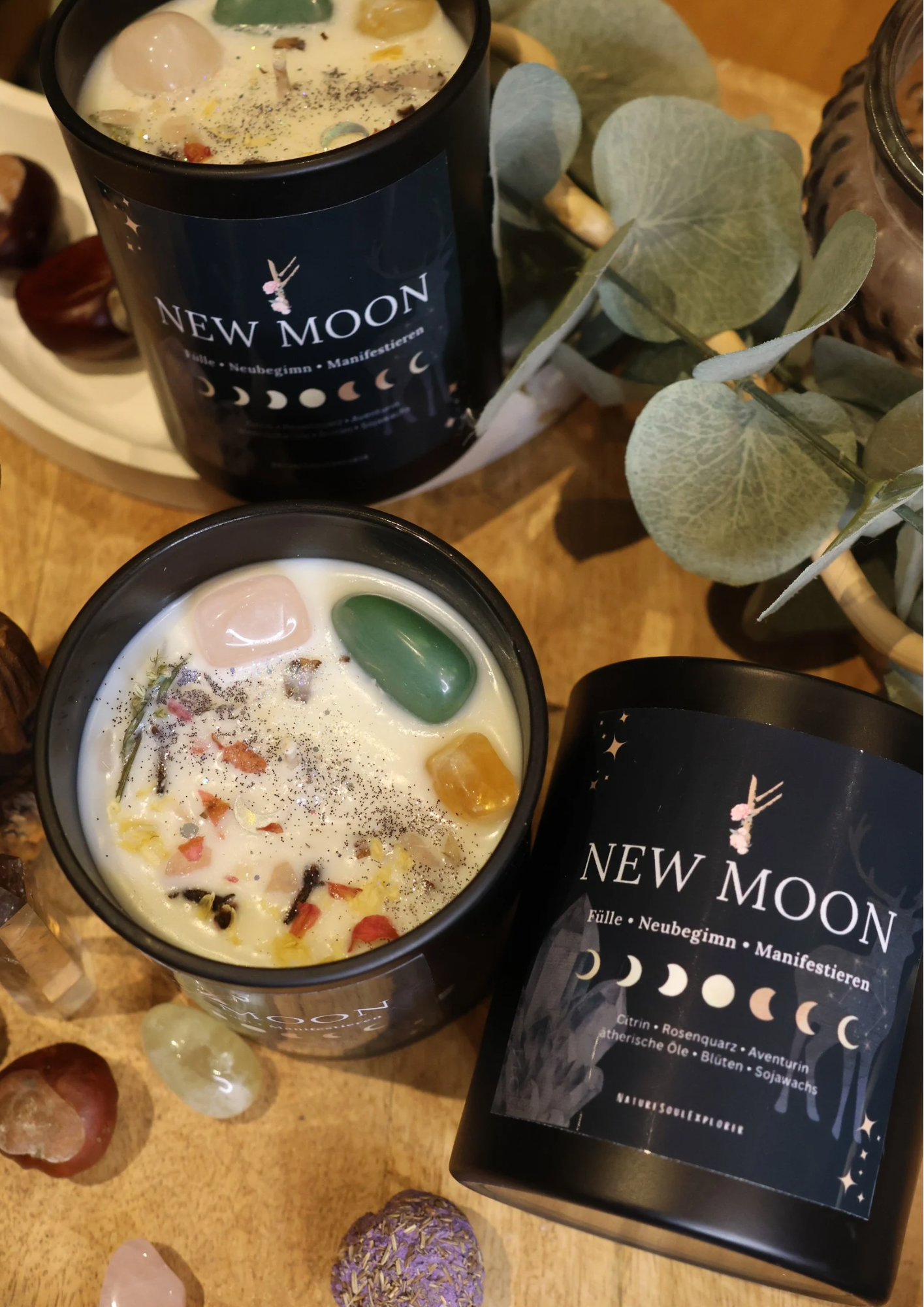 NEUMOND Kristallkerze mit Rosenquarz, Citrin & Aventurin für Fülle, Neubeginn und Manifestation